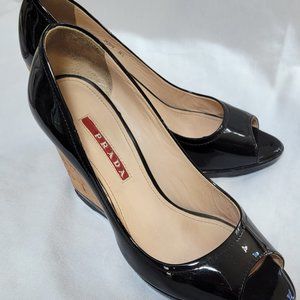 PRADA Peep Toe Espadrille Cork Wedge Shoes Black Patent Leather - US Size 6.5